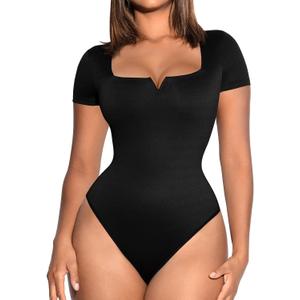 FeelinGirl Square Neck Bodysuit for Women Short Sleeve Tummy Control Slimming Bodysuit Going Out Tank Tops (Medium)
