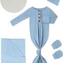 Newborn Baby Swaddle Blanket Set with Baby Knotted Gown, Mittens, Hat - Bamboo Viscose Receiving Blanket Bundle (Dusty Blue)