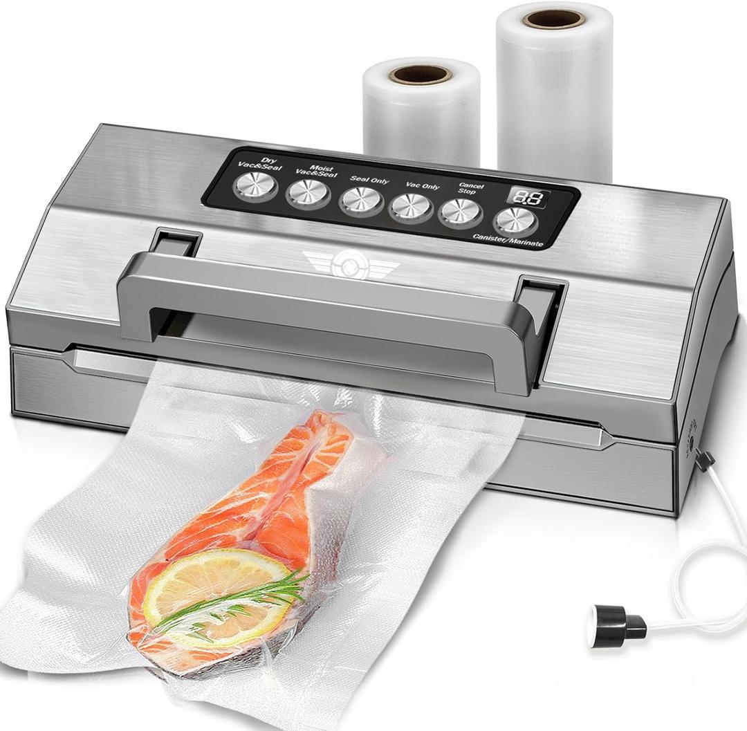 Precision Food Vacuum Sealer Machine, POWOT Fully Automatic Vacuum Sealing System, Commercial Food Vacuum Saver Pro, Double Heat Seal, Easy-Lock Handle, Built-in Cutter&Bag Storage, Hose&Bag Rolls (Grey)