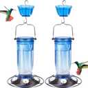Kingsyard 2 Pack Glass Hummingbird Feeder for Outdoors, 16 Oz Wild Bird Feeder with 6 Feeding Ports Hanging for Garden Yard, Blue (Ant Moat Included)