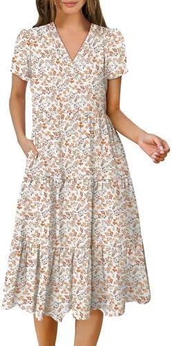 ANRABESS Women's Summer Casual Short Sleeve V Neck Midi Dresses 2025 Spring Flowy A-line Tiered T Shirts Boho Beach Dress Size XL