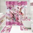 Litabel 4 Pcs Pink Hummingbird Flower Shower Curtain Set with Rugs for Bathroom Decor, Rustic Floral Bathroom Sets with Shower Curtain and Rugs, Bathroom Curtain Set with Mats (Hooks Not Included)