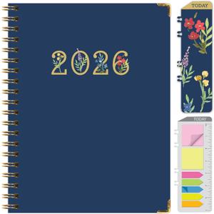 HARDCOVER 2026 Planner, 8.5"x11": 14 Months (November 2025 - December 2026), Daily Weekly Monthly Planner, Yearly Agenda, Bookmark, Pocket Folder and Sticky Note Set (Navy Gold Numbers)