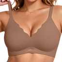 Vertvie Bras for Women Wireless Jelly Push Up Seamless Bra Full Coverage No Underwire Supportive Scalloped T Shirt Bralette (Medium, Coffee)