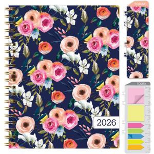 HARDCOVER 2026 Planner, 7"x9": 14 Months (November 2025 - December 2026), Daily Weekly Monthly Planner, Yearly Agenda, Bookmark, Pocket Folder and Sticky Note Set (Small Navy Floral)