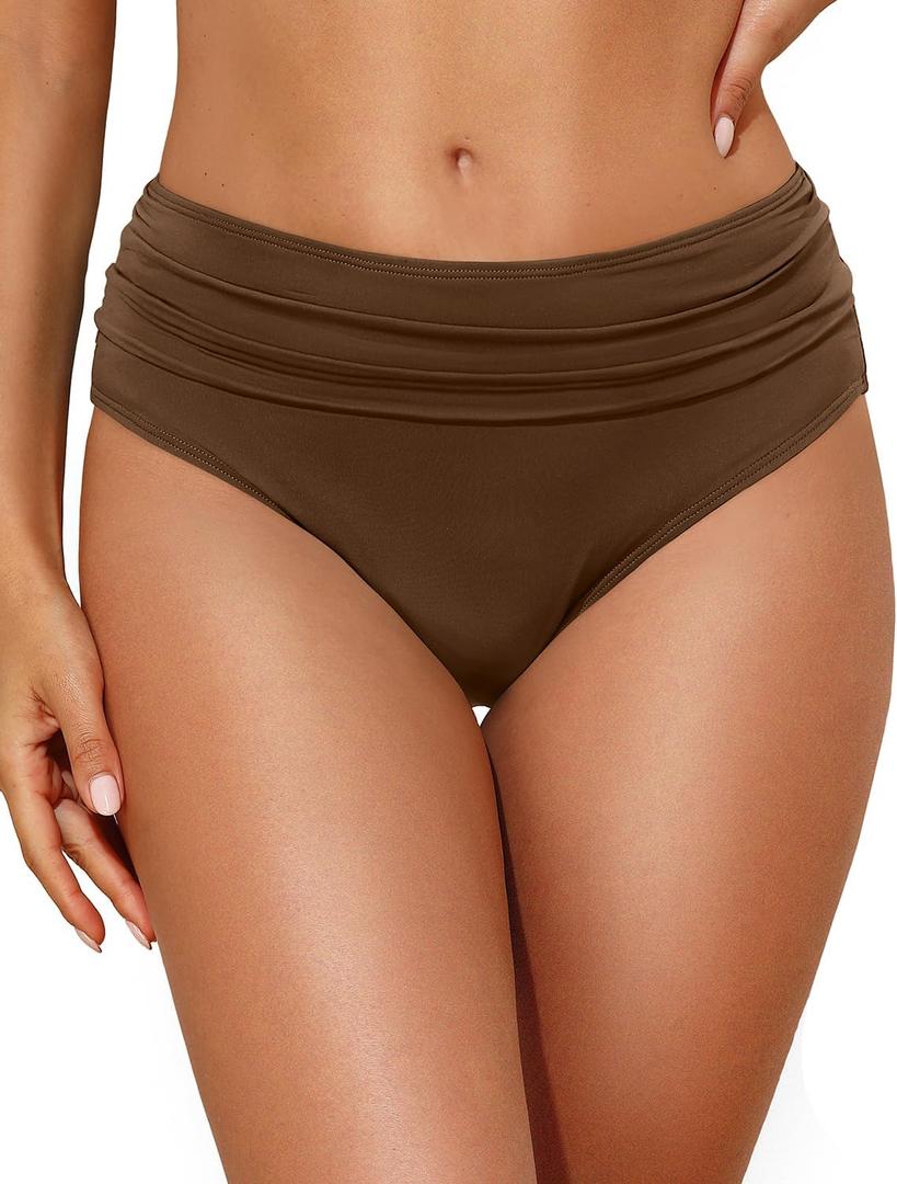 Tempt Me Women Mid Rise Bikini Bottoms Full Coverage Swimsuit Ruched Scrunch Swim Bottom (Small, Brown)