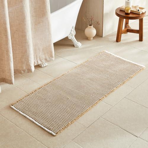 Waffle Runner Rug Bathroom, Long Boho Bathroom Rugs Non Slip Washable Super Absorbent Quick Dry Farmhouse Bath Decor, 60"x24" Khaki and White