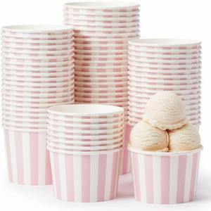 Zopeal 50 Count Light Pink Striped Ice Cream Cups Disposable 9 oz Ice Cream Bowls Paper Race Car Birthday Party Supplies Snack Cups Sundae Picnic Dessert Yogurt Bowls for Food