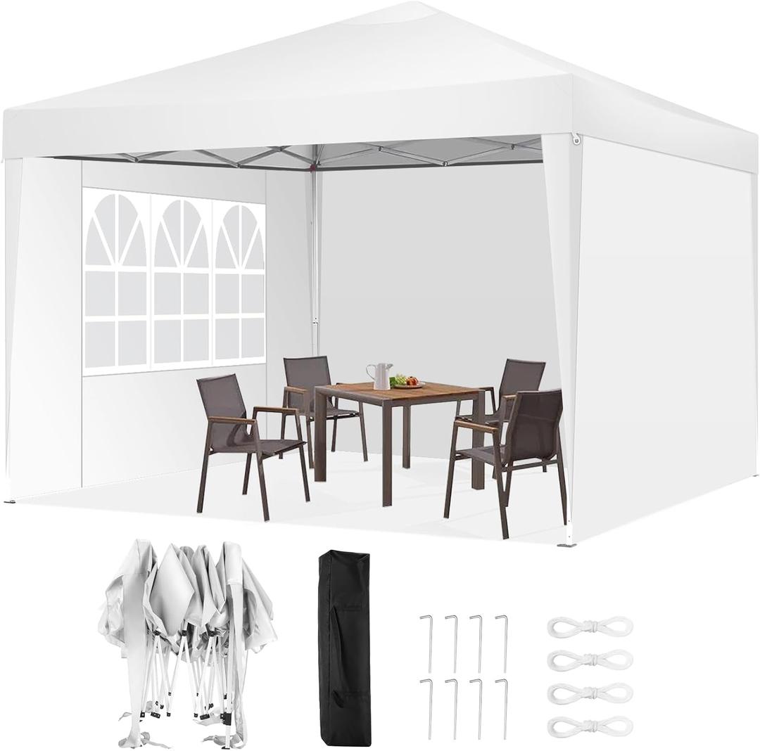 COBIZI 10x10 Pop Up Canopy Tent with 3 Sidewalls Party Tents for Parties Weddings Backyard Waterproof Outdoor Commercial Canopy Event with Stakes, Ropes, White