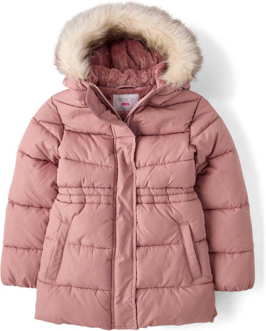 The Children's Place Girls' Water and Wind Resistant Hooded Zip Front Mid Length Puffer Jacket, Faux Fur Lined (Large)