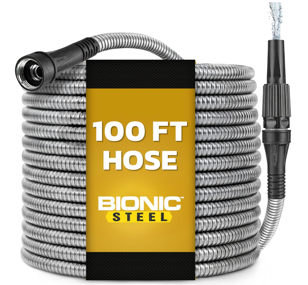 BIONIC STEEL 100 Ft Metal Garden Hose with Sprayer Nozzle, Non Kinking Designed Stainless Steel Heavy Duty Water Hose 100 Ft x 5/8 in. Flexible NON Expandable for Uninterrupted Water Flow, 500 PSI