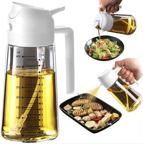 TrendPlain 16oz/470ml Glass Olive Oil Sprayer for Cooking – 2 in 1 Olive Oil Dispenser Bottle for Kitchen Gadgets and Air Fryer Accessories, Salad, BBQ - White