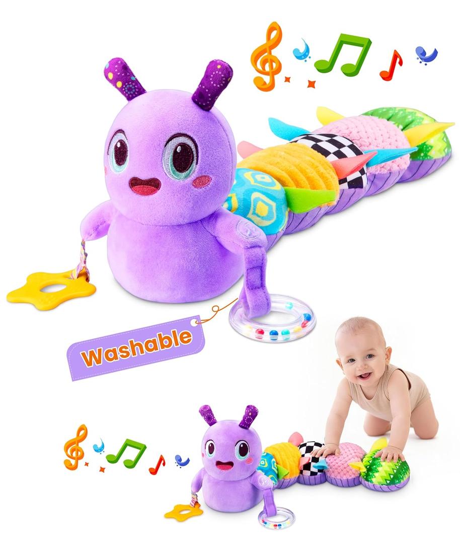 Baby Toys 0-6 Months, Washable Baby Musical Caterpillar Toys with 10 Kid's Song,Rattles,BabyTeething Toys,Suitable for 0-6, 6-12 Months Infant Tummy Time Toy,Newborn Baby Boy&Gril Scensory Gifts (Purple)