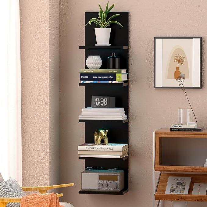 Versatile 5 Tier Wall Shelf Unit, Floating Shelves with 3 Remote LED Lights, Lack Wall Shelf for Home, Bedroom, Living Room and Vanity Decor (Black)