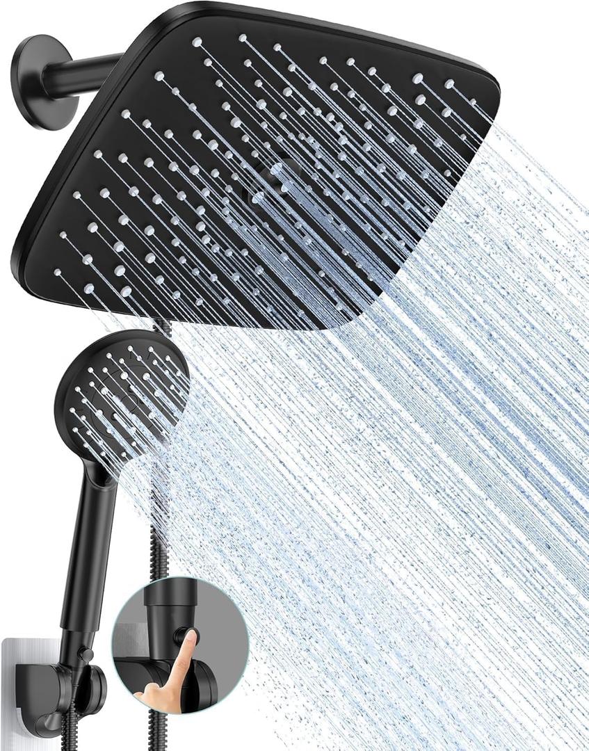 Veken 11.8 Inch Rain Shower Head with Handheld- High Pressure Dual Shower Heads with 5 Modes Handheld Spray Combo- Wide Rainfall Showerhead with Hose, Bathroom Accessories, Matte Black