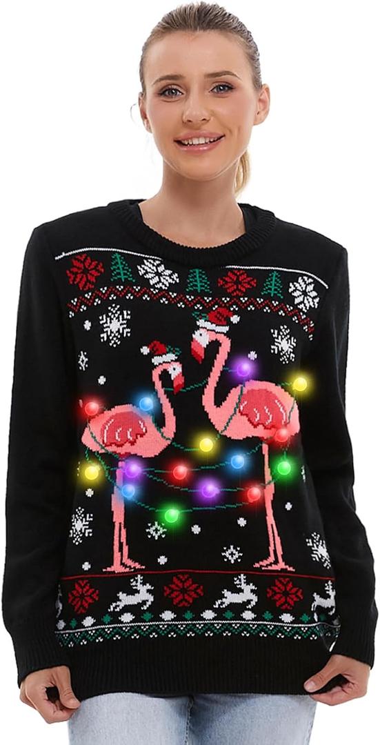 HSCTEK Light Up Women Knitted Christmas Sweater (Small, Flamingo)