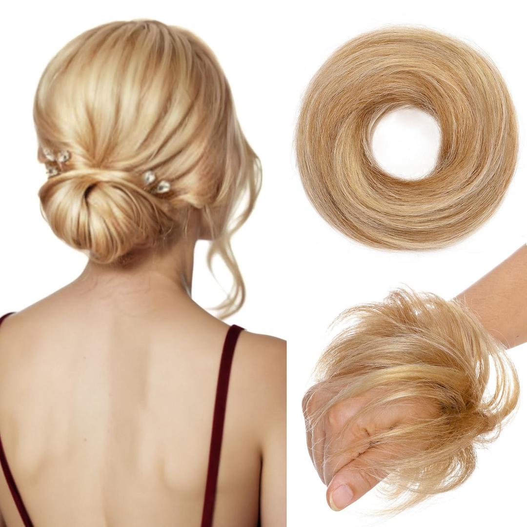TESSHAIR Human Hair Messy Bun, 100% Real Hair Bun Extensions for Women, Natural Wavy, 1 Count#-12P613 Golden Brown & Bleach Blonde