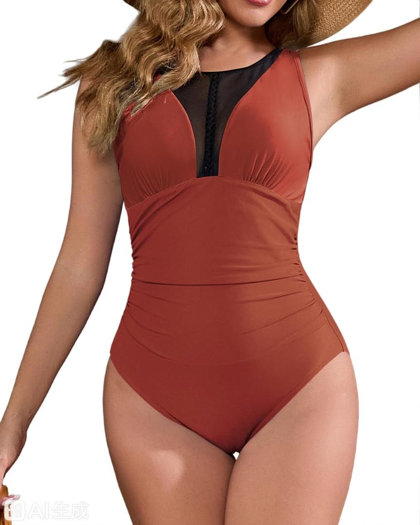 Cromi Tummy Control One Piece Swimsuit for Women Mesh V Neck Ruched Slimming Bathing Suit with Adjustable Straps Brown XL (XL)