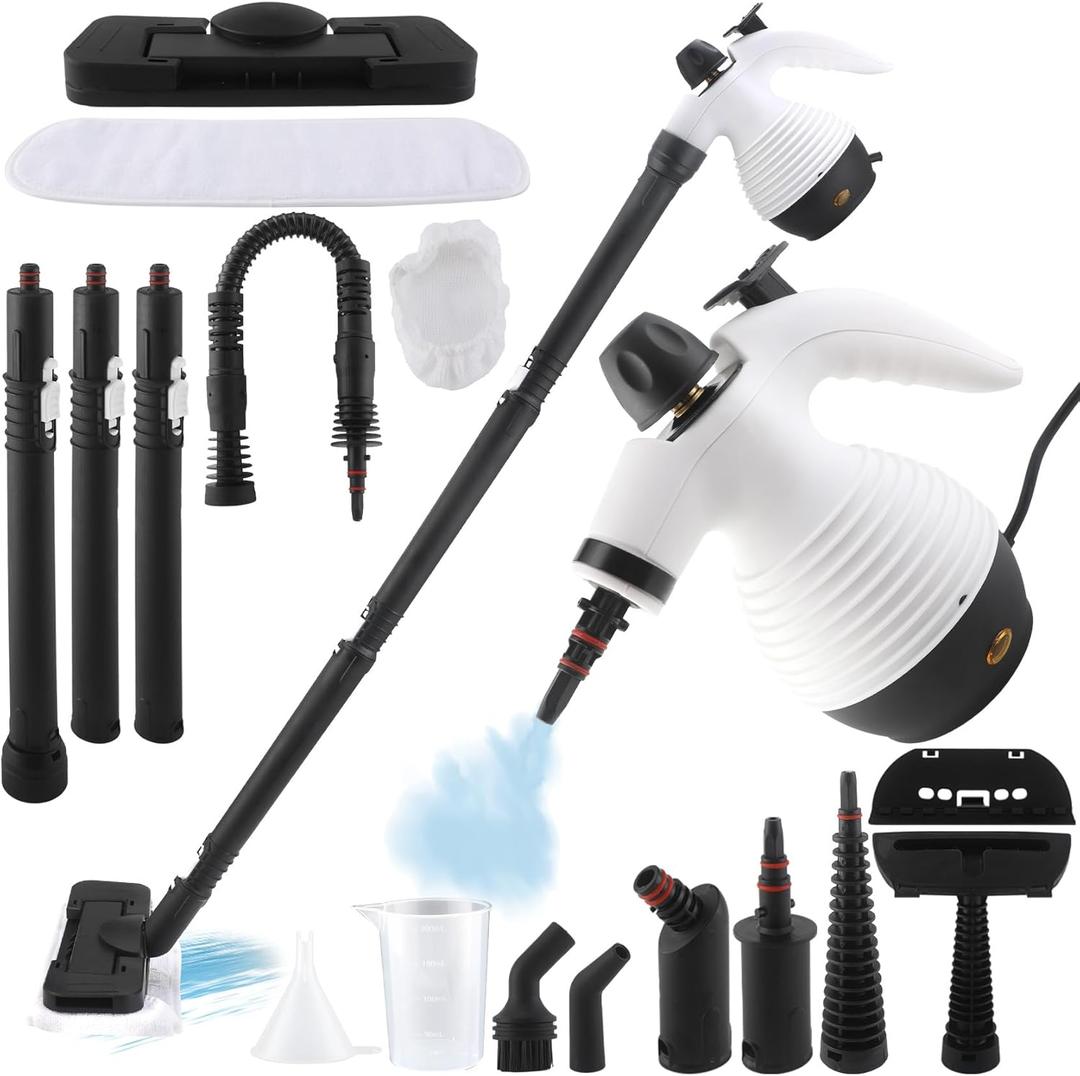 15-in-1 Multipurpose Steam Cleaner, 1050W Handheld Steamer & Steam Mop with 16-Piece Kit, 350ML Tank, 30s Fast Heat-Up for Floors, Windows, Cars, Bathroom, Grills, Sofa Cleaning(White)