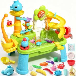 Dergo Upgraded Water Table for Toddlers Toy Set, Kids Sensory Sand Table Play Sink Shower Sprinkler, Summer Birthday Gift STEM Fishing Playset for Boys Girls Ages 3 4 5 6 7