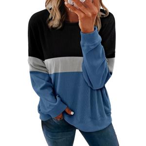 KISSMODA Womens Casual Long Sleeve Sweatshirts Color Block/Solid Tops Corduroy Crewneck Tunic Pullover with Pockets (Black, L)