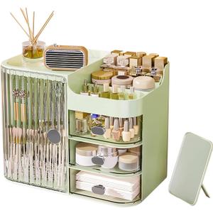 DASITON Makeup Organizer for Vanity,Large Capacity Makeup Storage Organizer with 3-Layer Drawers and Mirror,Cosmetics Display Case Make up Organizers for Vanity,Bedroom,Countertop(Green)