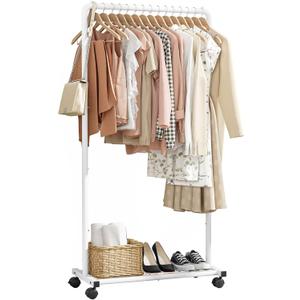 Clothes Rack - Clothing Rack with Storage Mesh Shelf & Casters, Heavy-Duty Metal Clothing Rack for Hanging Clothes, Dresses, Coats, Large Load Capacity, Easy Assembly, White, 28.0"x14.0"x59.0"