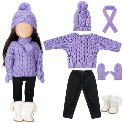 Bencailor 6 Pcs Winter 18 Inch Doll Clothes and Accessories Winter Outfits Set Sweaters Trousers Hats Shoes for 18 Inch Doll Gifts(Purple,Adorable)