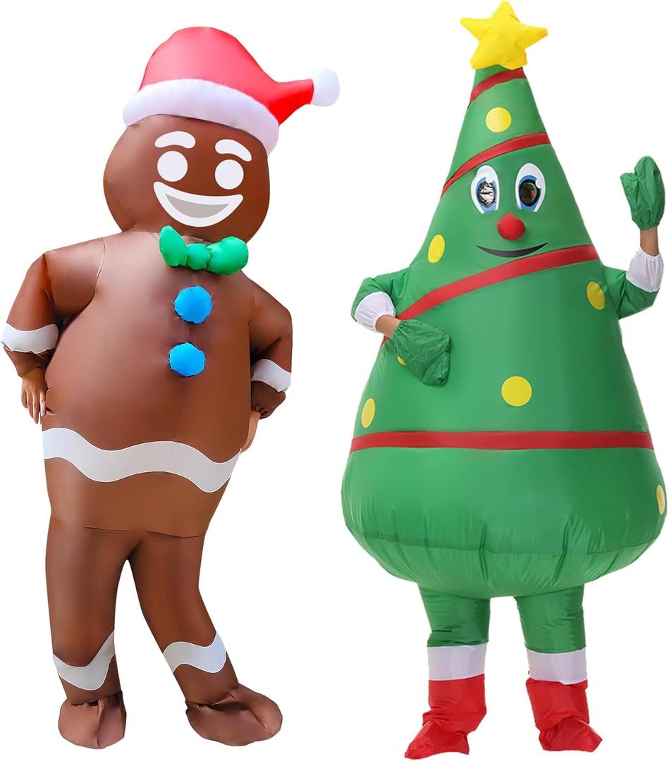 2 Packs Inflatable Christmas Tree and Gingerbread Man Costume Blow-Up Suit Outfit for Adult/Christmas Parade/Halloween