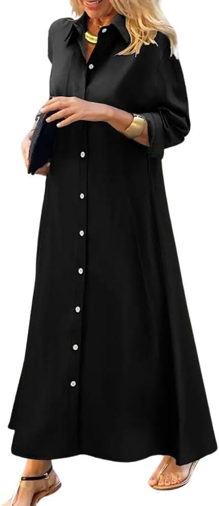chouyatou Women's Casual Button Down Maxi Shirt Dress Long Sleeve Button Up Tunic Long Dress (XX-Large, Black)