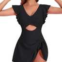 MFAVIP Women One Piece Swim Dress Tummy Control Swimsuits V Neck Ruffle Bathing Suit Cutout Wrap Side Tie Swimwear with Skirt, M