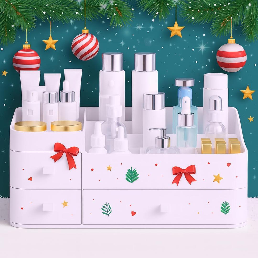 Makeup Organizer for Vanity  Large Cosmetic Storage Box with Drawers & Compartments for Brushes, Lipsticks, and Skincare  Bathroom Countertop Organizer for Women & Girls  Elegant White Design