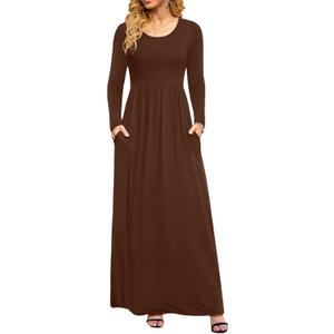 DB MOON Women Casual Long Sleeve Maxi Dresses Empire Waist Long Dress with Pockets (Large, Brown 02)