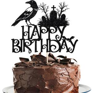 Halloween Happy Birthday Cake Topper,Crow Theme Party Decorations Supplies, Halloween theme Adult/Kids Birthday Decoration Supplies