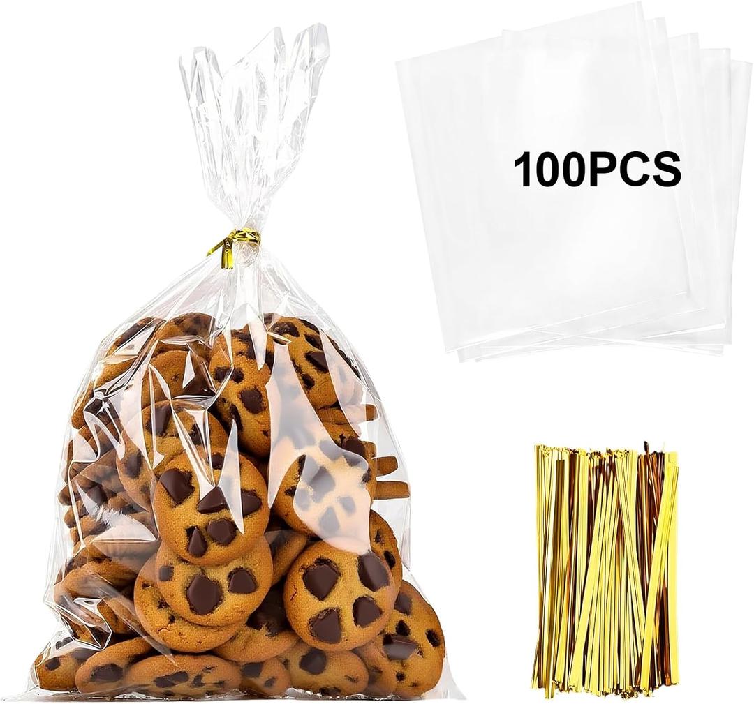 Toosci Clear Cellophane Treat Bags, 8" x 11" - 100 Pcs (2 mils) - Clear Gift Bags with Twist Ties for Baked Goods, Cookies, Candies, Chocolates & Popcorn