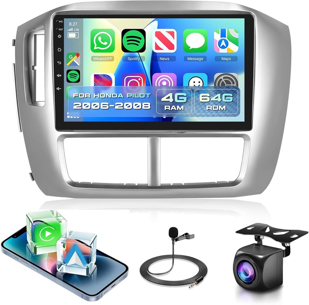 4G+64G Car Radio Stereo for Honda Pilot 2006 2007 2008 with Wireless CarPlay Android Auto, 9 Inch 1280 * 720P IPS Touch Screen Android 13 GPS WiFi Bluetooth 32-Band DSP SWC HD Camera