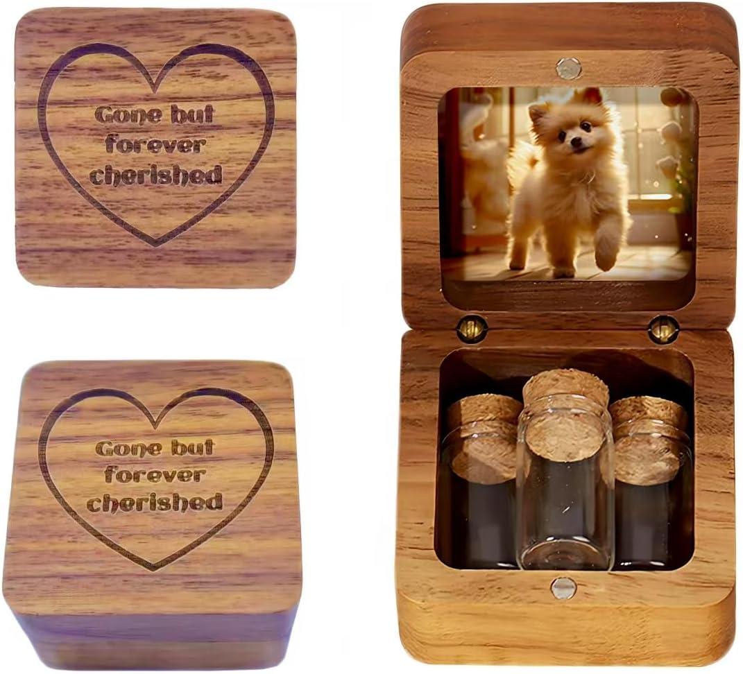 2 x Pet Fur Keepsake Box with 3 Clear Glass Jars, Wooden Memorial Box for Dog, Cat Hair, Whiskers, Teeth,Tags, Memorial Gifts for Loss of Dog, Cat, Bunny, Horse, Pocket Pet