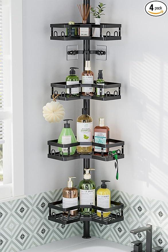 HEVEL Corner Shower Caddy Tension Pole, Adjustable Shower Organizer Corner 62115 Inch, Rustproof Bathroom Storage Shower Shelves, Black