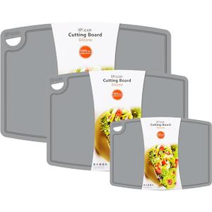 Liflicon Silicone Thick Cutting Boards Mats Set of 3 Foldable & Flexible Design Juice Grooves Easy Grip Handle Dishwasher Safe for Kitchen,BPA free Silicone Cutting Board- Grey