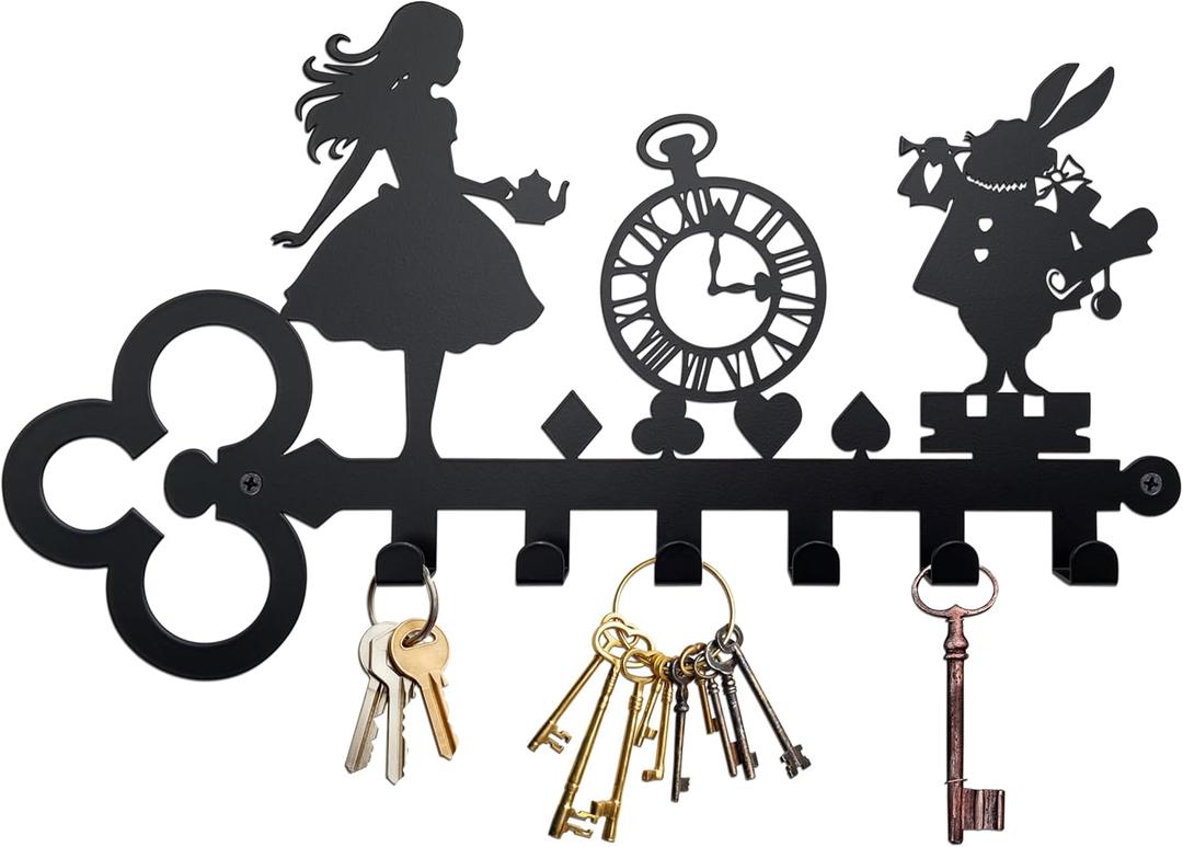 Alice Decorative Key Holder for Wall  Metal Wonderland Entryway Key Hook Rack, Bunny with Vintage Clock, Alice Wall Decoration, Unique Gifts for Kids & Alice Lovers Home Decor
