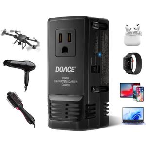 Upgraded 2000W 220V to 110V Converter for European, Voltage Converter US to Europe for Hair Dryer Steam Iron, All in One EU/UK/AU/US Worldwide Plug Adapter Mode for Laptop Tablet Camera Cell Phone