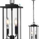 Large 16" Dusk to Dawn Outdoor Pendant Light, Metal and Glass Hanging Light Mount, 2-Light Black Outdoor Chandelier, Waterproof Exterior Hanging Lantern for Front Porch Ceiling Light, 1-Pack