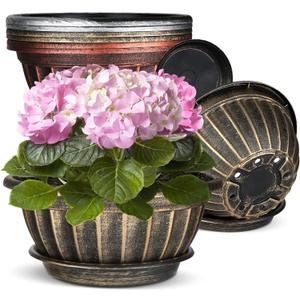NIKONIKO 12 Inch Plant Pots, 6-Pack Plastic Wide Ribbed Planters with Drain Holes & Trays, Fluted Design Flower Pots for Indoor and Outdoor Plants, 12.6 inches