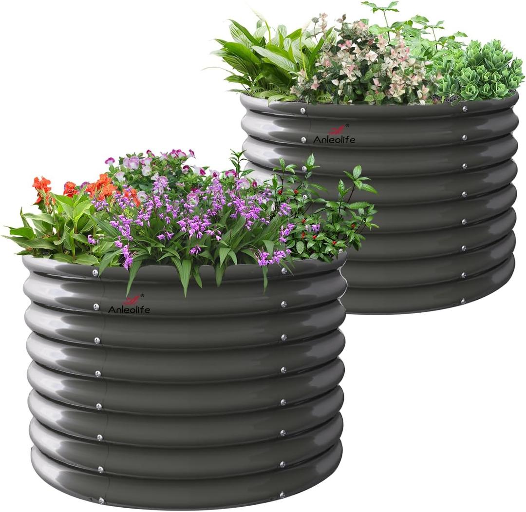 A ANLEOLIFE 2-Pack 3ft x 24 Tall Galvanized Raised Garden Beds Outdoor, Round Metal Planter Box for Planting Vegetables Flowers Herb, Anti-Rust & Easy-Setup, Quartz Grey