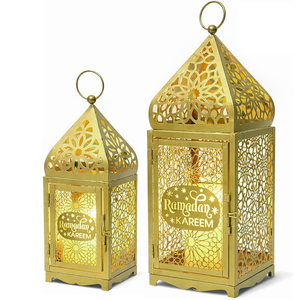 Ramadan Lanterns Gold Metal Islamic Fanous Hanging Candle Holder Decor for Ramadan & Eid, Eid Decorations for Home Table Window Porch, Large 14.6" & 11.4" Set of 1