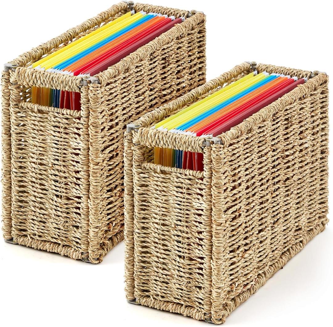 Novabright 2 Pcs Hanging File Desk Organizer 14.5 x 6 x 10.8 Inch Seagrass Hanging File Box Collapsible Portable Filing Basket, Letter Size Woven Storage Basket for Home Office Document Filing Decor