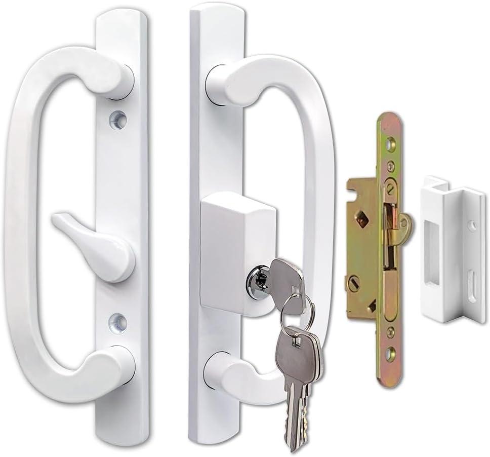 Sliding Glass Door Handle Set Replacement with Keyed Lock, 3-15/16" Screw Hole Spacing, Reversible Non-Handed Patio Door Handles, Aluminum Pull, Fits 1-3/8" to 2" Thick Doors (White, FullSet)