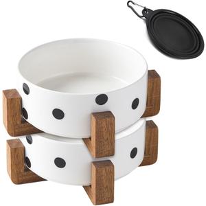 Petygooing Ceramic Dog Bowl Set with Stand,Pet Food and Water Bowl, Anti -Slip Set of 2 Pet Bowls-Dog Food Bowls- Pet Feeder Small Medium Size (28 OZ /3.6 Cups) Black Dot