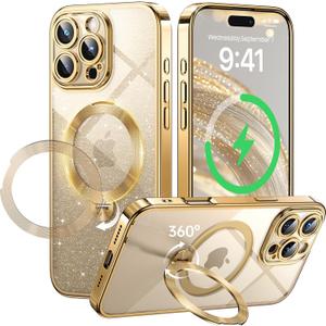 360 Spin CD Stand for iPhone 16 Pro Max Case Compatible with Magsafe Ring [Never Yellow][DIY Glitter Cardstock] Camera Protection Plating Clear Cute Phone Case for Women Girls 6.9'', Gold