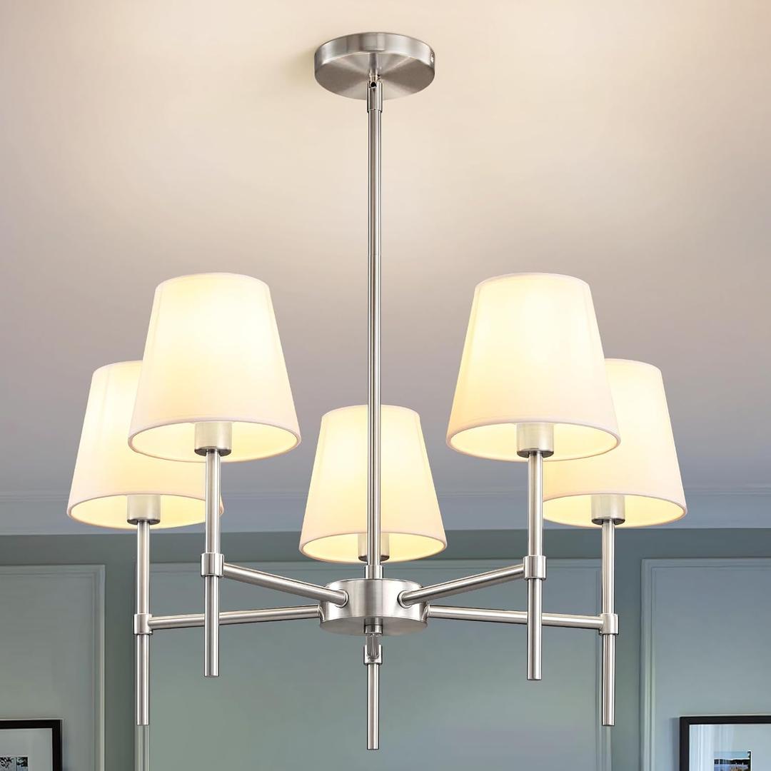 RUIYEY Dining Room Chandeliers Light - 5-Light Brushed Nickel Modern Chandeliers Light Fixtures with White Fabric Shade, Height Adjustable Pendant Island Lights for Entryway Farmhouse